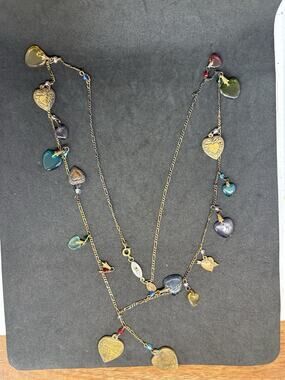 Vintage Glass Works Studio Brass & Glass Heart Dangle Charm Necklace 36” *Read